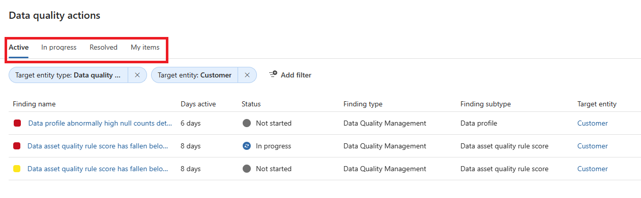 Screenshot of the data quality actions for the selected asset.