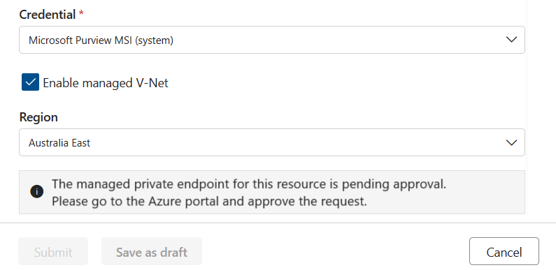 Screenshot of the create connection page with the approve private endpoint prompt.
