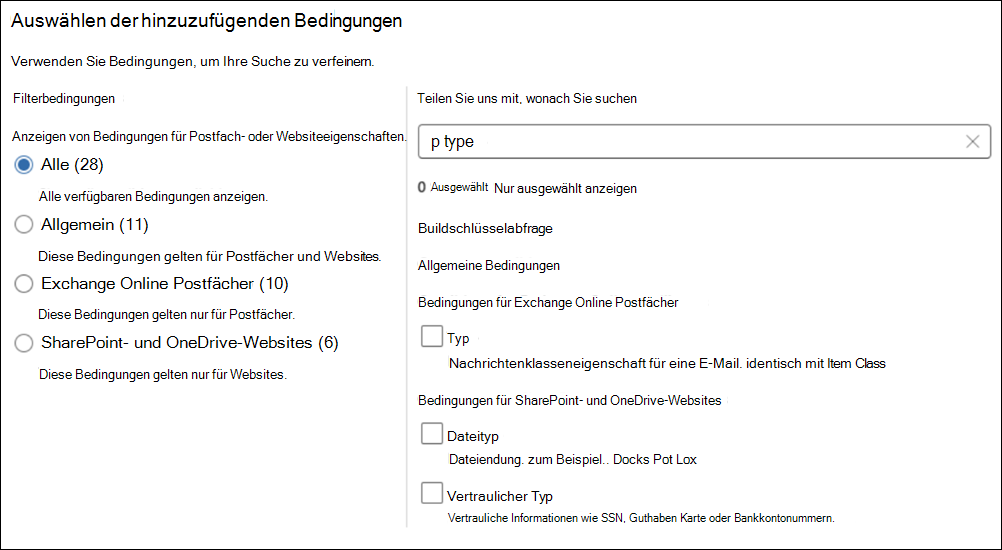 Die Seite, auf der ausgewählt werden soll, welche Bedingung einer Suche hinzugefügt werden soll.