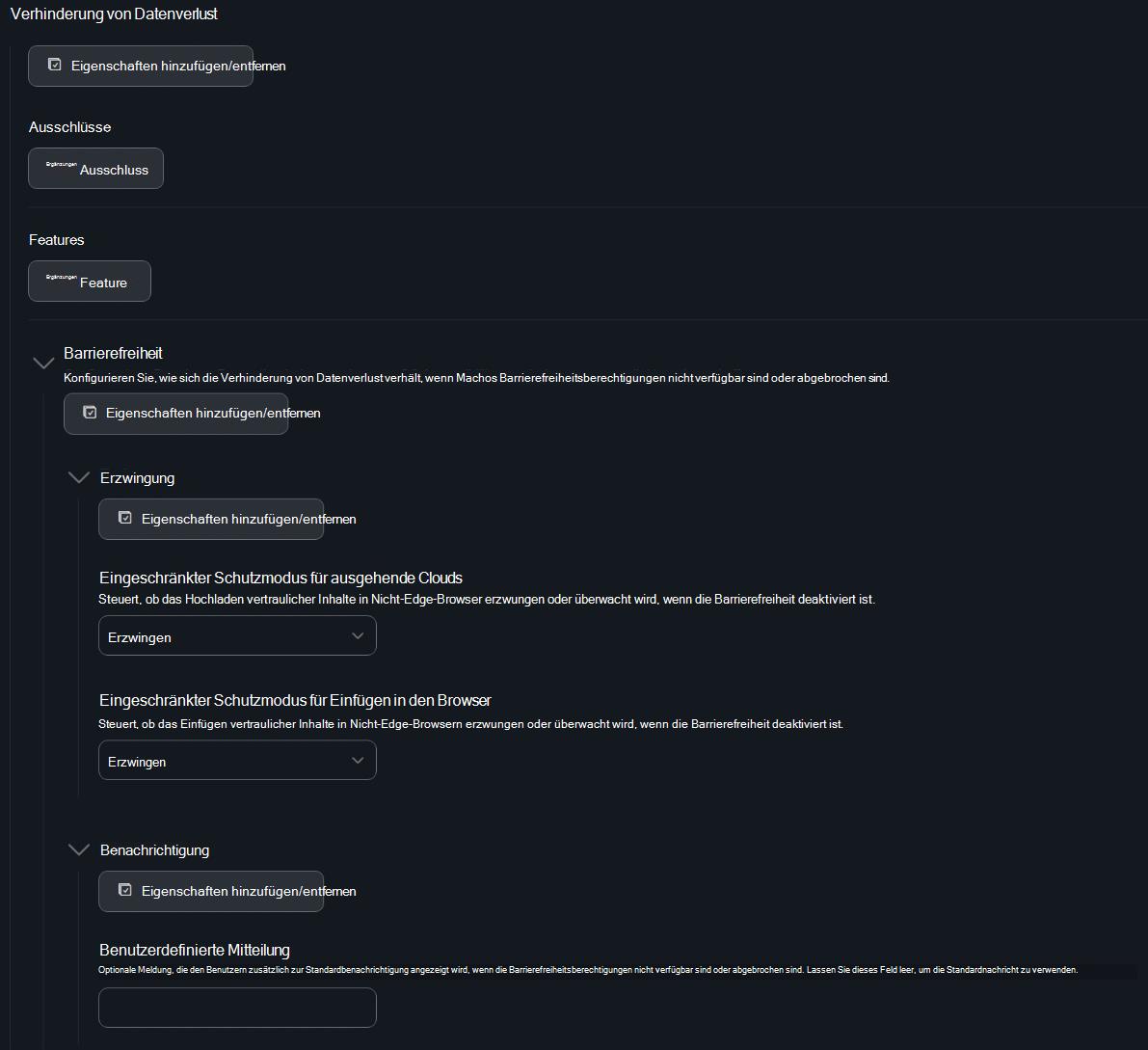 Screenshot der Jamf Pro Data Loss Prevention-Konfiguration mit Einstellungen für die Durchsetzung der Barrierefreiheit und Benachrichtigungen.