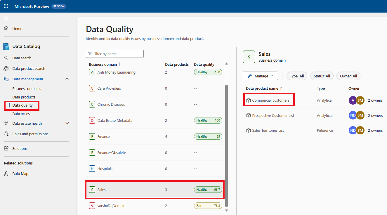 Screenshot of the data quality menu, showing how to select a data product.