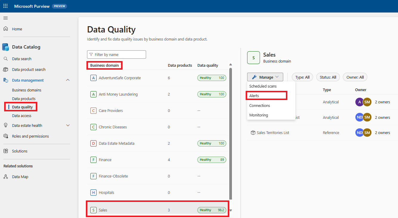 Screenshot of navigating from the data quality page, through a business domain, to the alerts page.