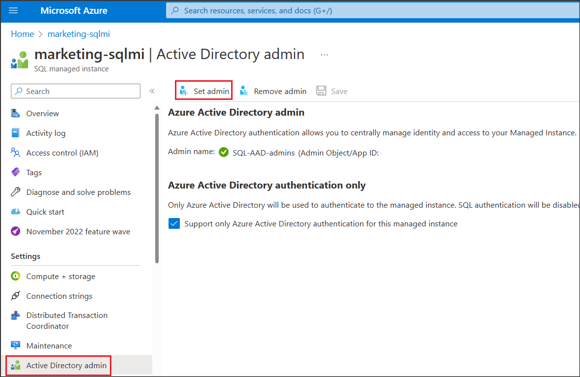 Screenshot: Zuweisen von Microsoft Entra Admin in Azure SQL MI