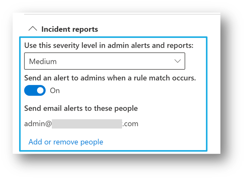 Screenshot: Optionen für Incidentberichte für Benutzer, die für Konfigurationsoptionen für Warnungen mit nur einem Ereignis berechtigt sind