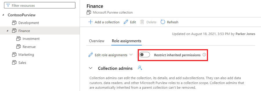 Screenshot of Microsoft Purview governance portal collection window, with the role assignments tab selected, and the restrict inherited permissions slide button highlighted.