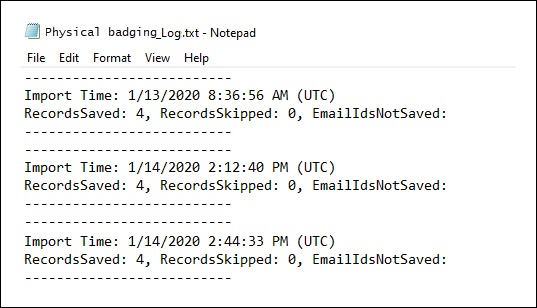 Die Protokolldatei des physischen Badgingconnectors zeigt die Anzahl der Objekte aus der JSON-Datei an, die hochgeladen wurden.
