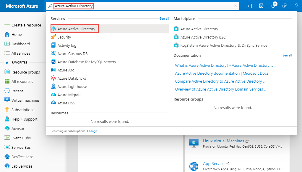 Suchen Sie nach Azure Active Directory, und wählen Sie es aus.