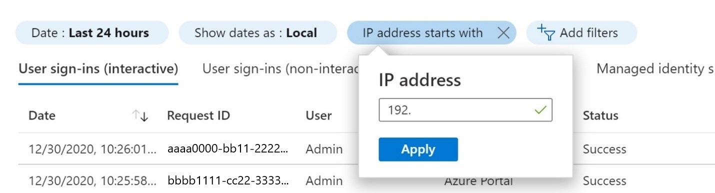 Screenshot, der zeigt, wie Sie nach Anmeldungen für eine bestimmte IP-Adresse suchen.