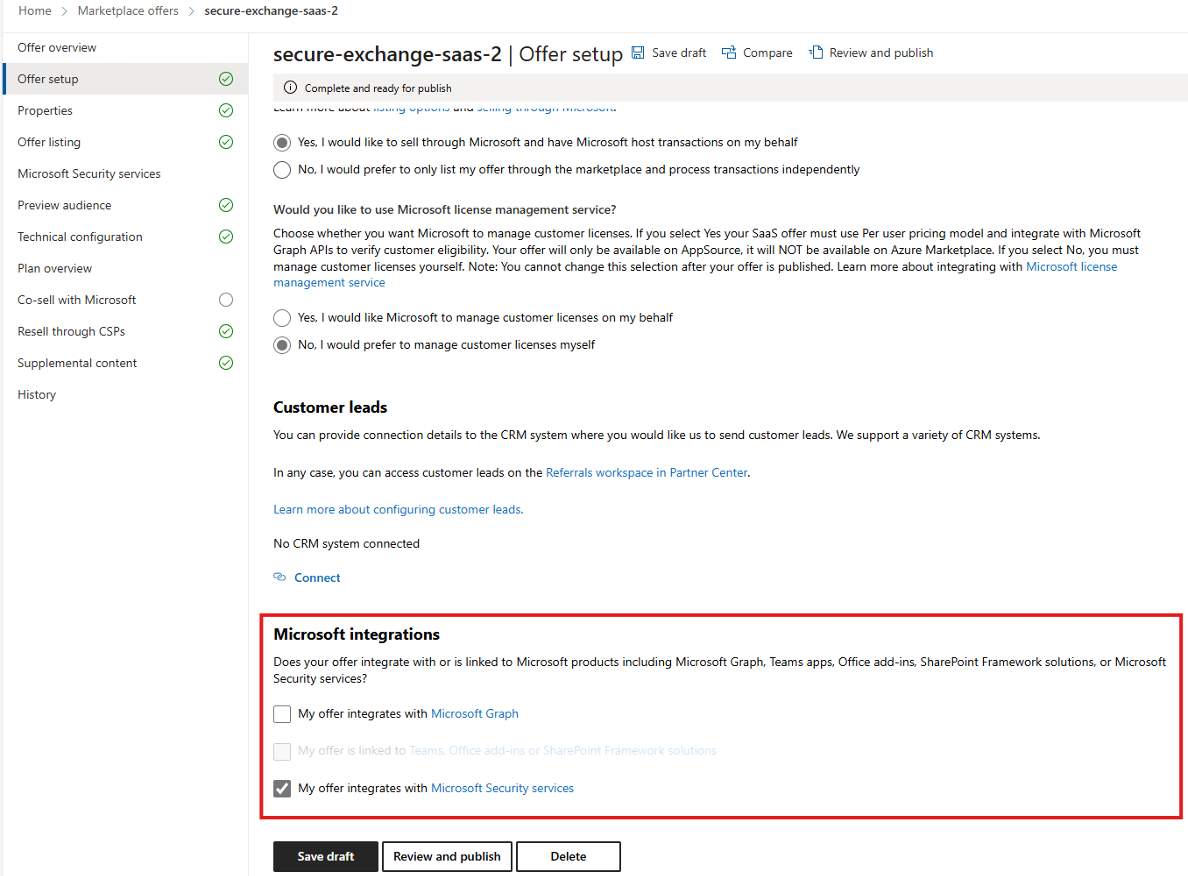 Screenshot des Abschnitts „Microsoft-Integrationen“ mit ausgewählter Option „Mein Angebot lässt sich in Microsoft Security Services integrieren“