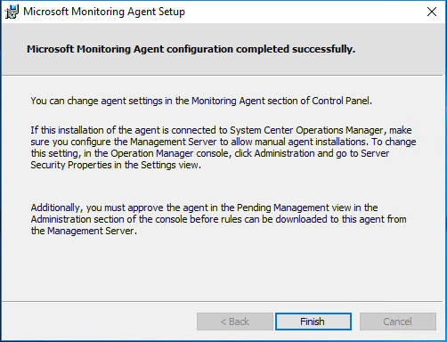 Screenshot of the Microsoft Monitoring Agent Setup dialog. The Finish button is highlighted.