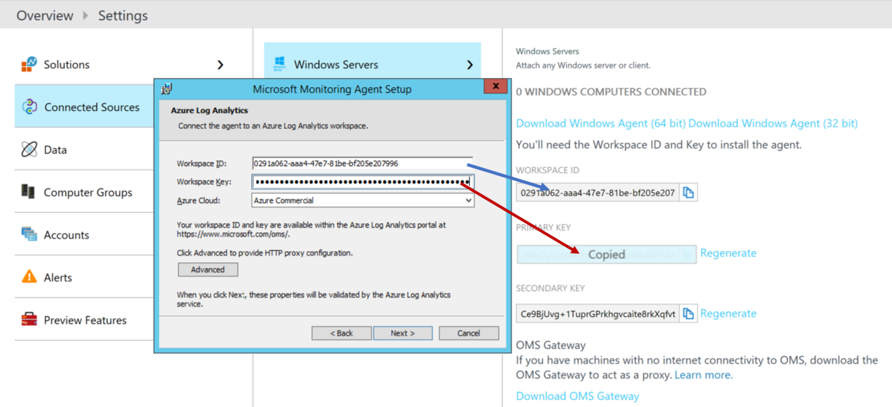 Screenshot of the Microsoft Monitoring Agent Setup dialog. An arrow from Workspace Key to Primary Key is shown. Another arrow from Workspace ID to Workspace ID is shown.