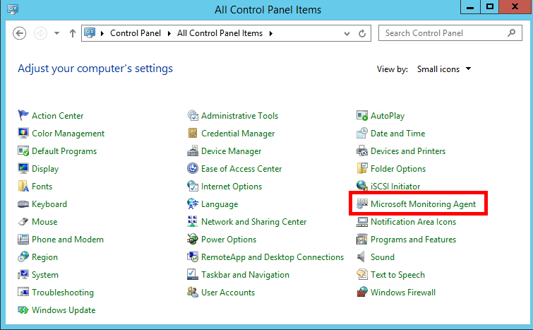 Screenshot of the All Control Panel Items menu. Microsoft Monitoring Agent is highlighted.