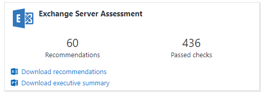 Die Kachel „Exchange Server-Bewertung“, die die Anzahl der Empfehlungen und bestandenen Prüfungen anzeigt.
