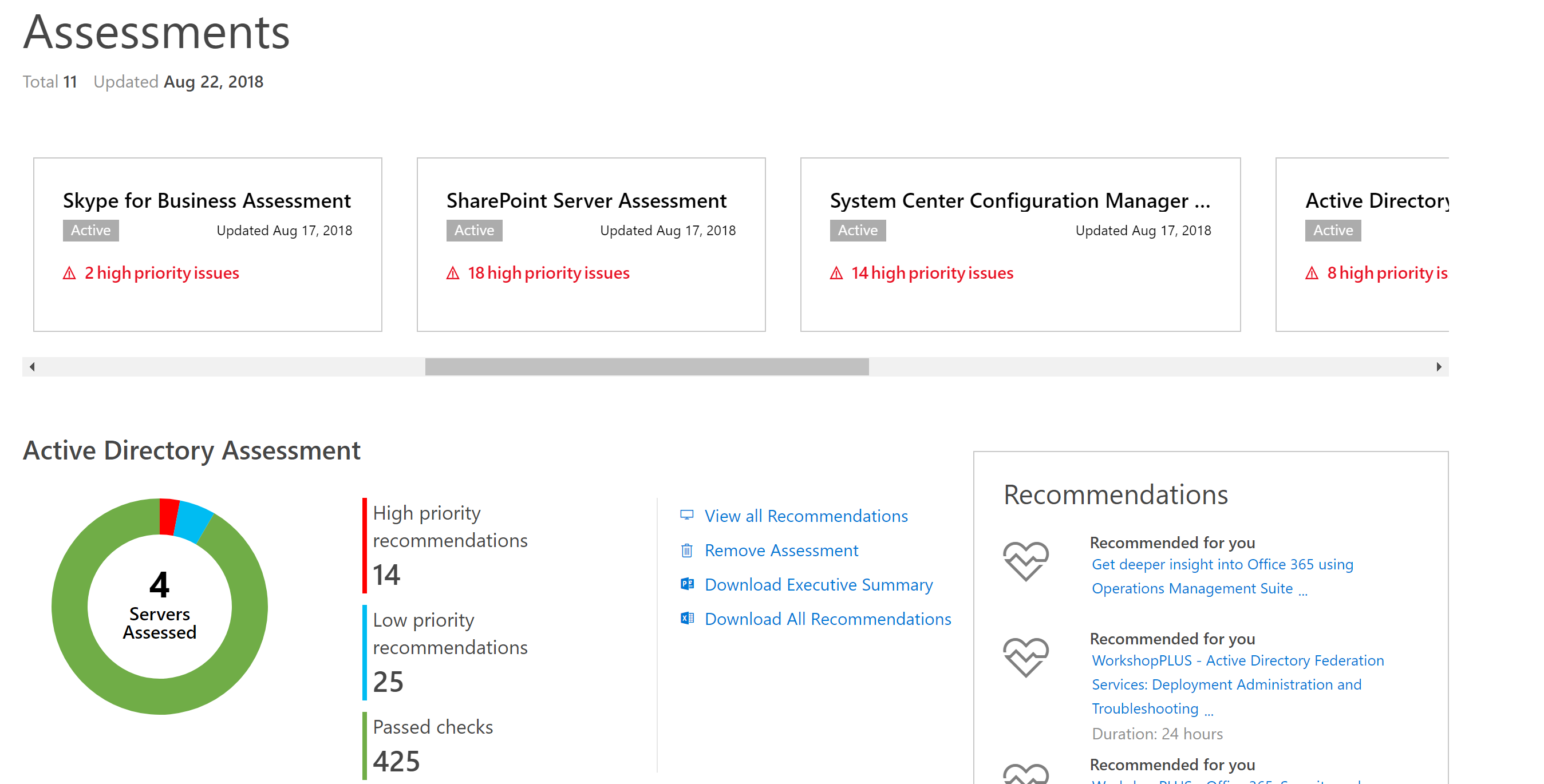 Dashboard „Bewertungsergebnisse“ mit verschiedenen Registerkarten für Skype, SharePoint, System Centers Management und Entra ID.