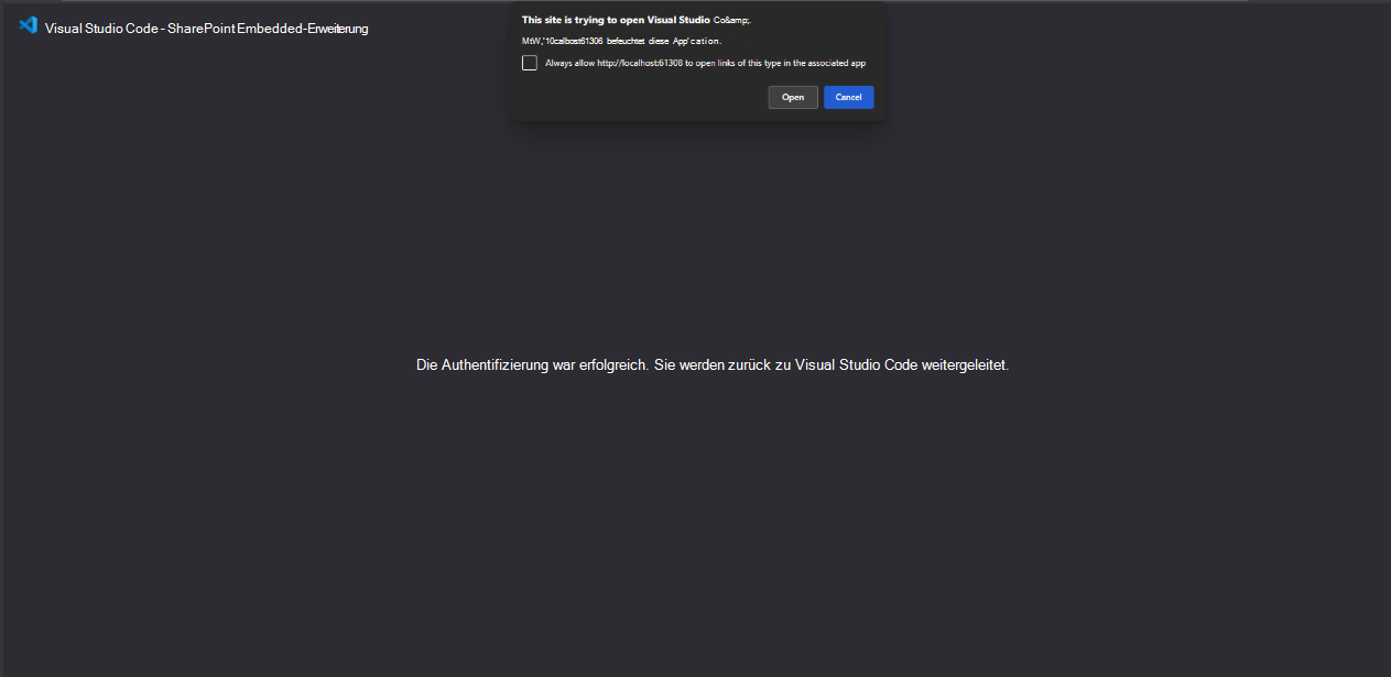 Autorisierung abgeschlossen im Browser jetzt umleiten zu Visual Studio Code