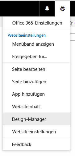 Das Menü, das geöffnet wird, wenn der Benutzer auf einer Veröffentlichungswebsite auf das Zahnradsymbol klickt. Ein Element ist „Entwurfs-Manager“.