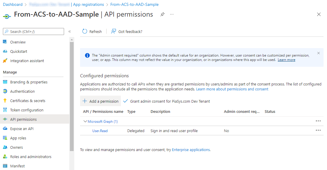Die Schnittstelle zum Hinzufügen von Berechtigungen zu einer Azure AD-Anwendung. Sie können auf die Schaltfläche