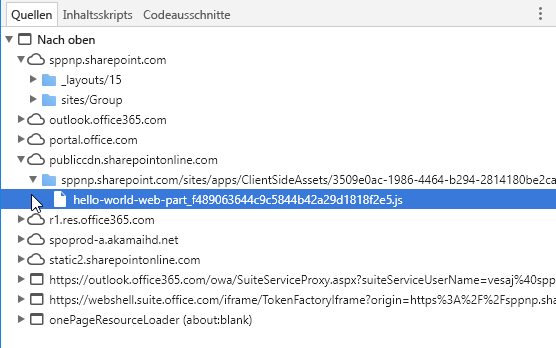 HelloWorld-Webpartbundle, geladen von der URL des öffentlichen CDN, auf der Registerkarte „Sources“ in den Chrome Developer Tools