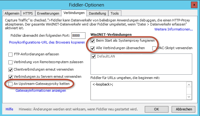 Abbildung 6: Fiddler-Verbindungsoptionen