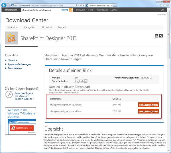 Die SharePoint Designer 2013-Downloadseite.