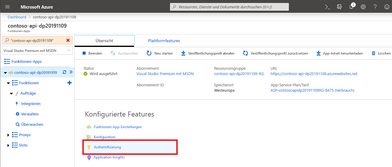 Der Link „Authentifizierung“ auf der Seite der Funktion-App