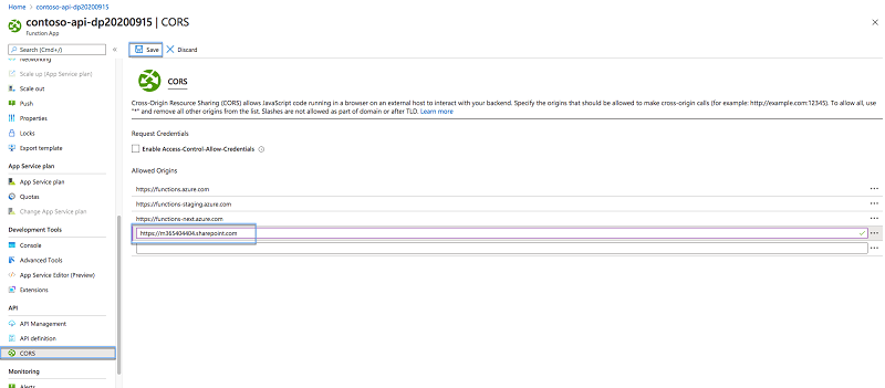 SharePoint-Mandanten-URL, hinzugefügt zur Liste der zulässigen Ursprünge in den CORS-Einstellungen der Funktionen-App