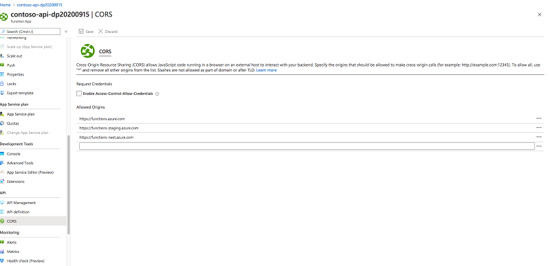 Der Link „CORS“ auf der Registerkarte „Plattformfeatures“ der Funktionen-App