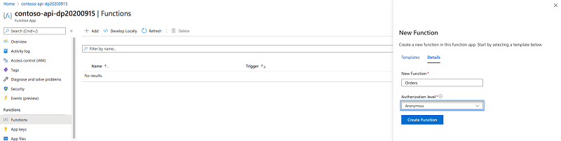 Einstellungen für das neue Azure Function im Azure-Portal