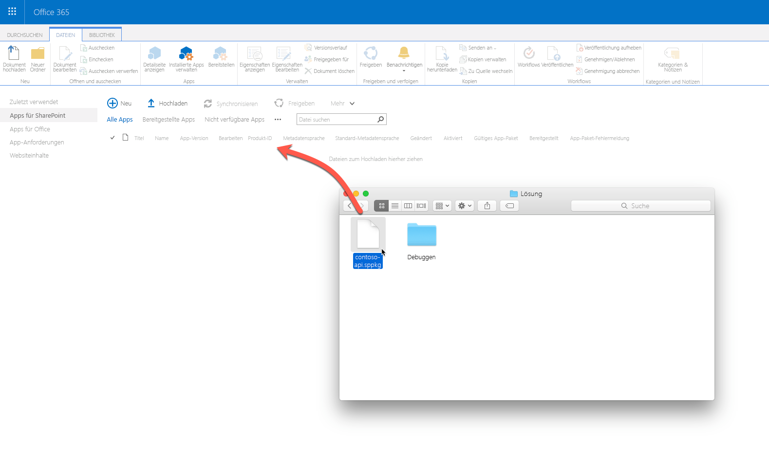 macOS Finder-Fenster über dem Webbrowser mit dem Mandanten-App-Katalog