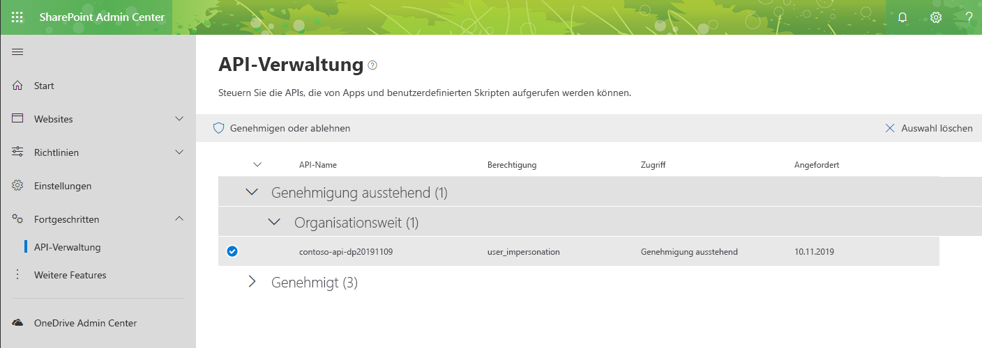 Die Schaltfläche „Auswählen“ neben einer Berechtigungsanforderung auf der Seite „API Management“ im neuen SharePoint Admin Center