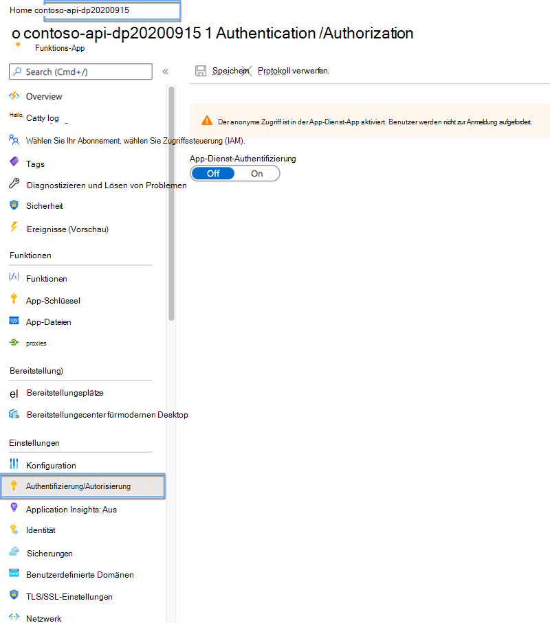 Der Link „Authentifizierung/Autorisierung“ auf dem Blatt „Funktionen-App“ im Azure-Portal