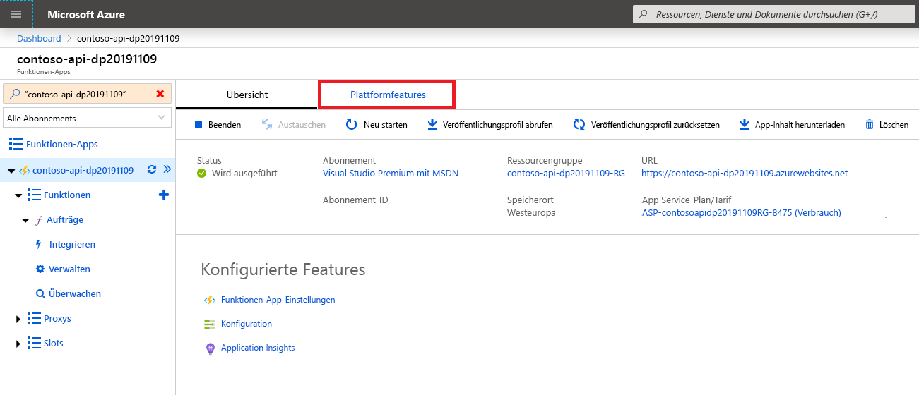 Die Registerkarte „Plattformfeatures“ auf dem Blatt „Funktionen-App“ im Azure-Portal
