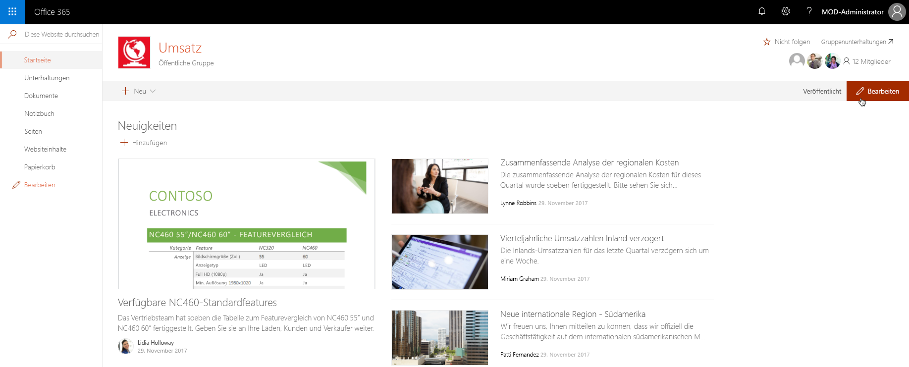 Die Schaltfläche „Bearbeiten“ auf der Symbolleiste auf einer modernen Teamwebsite