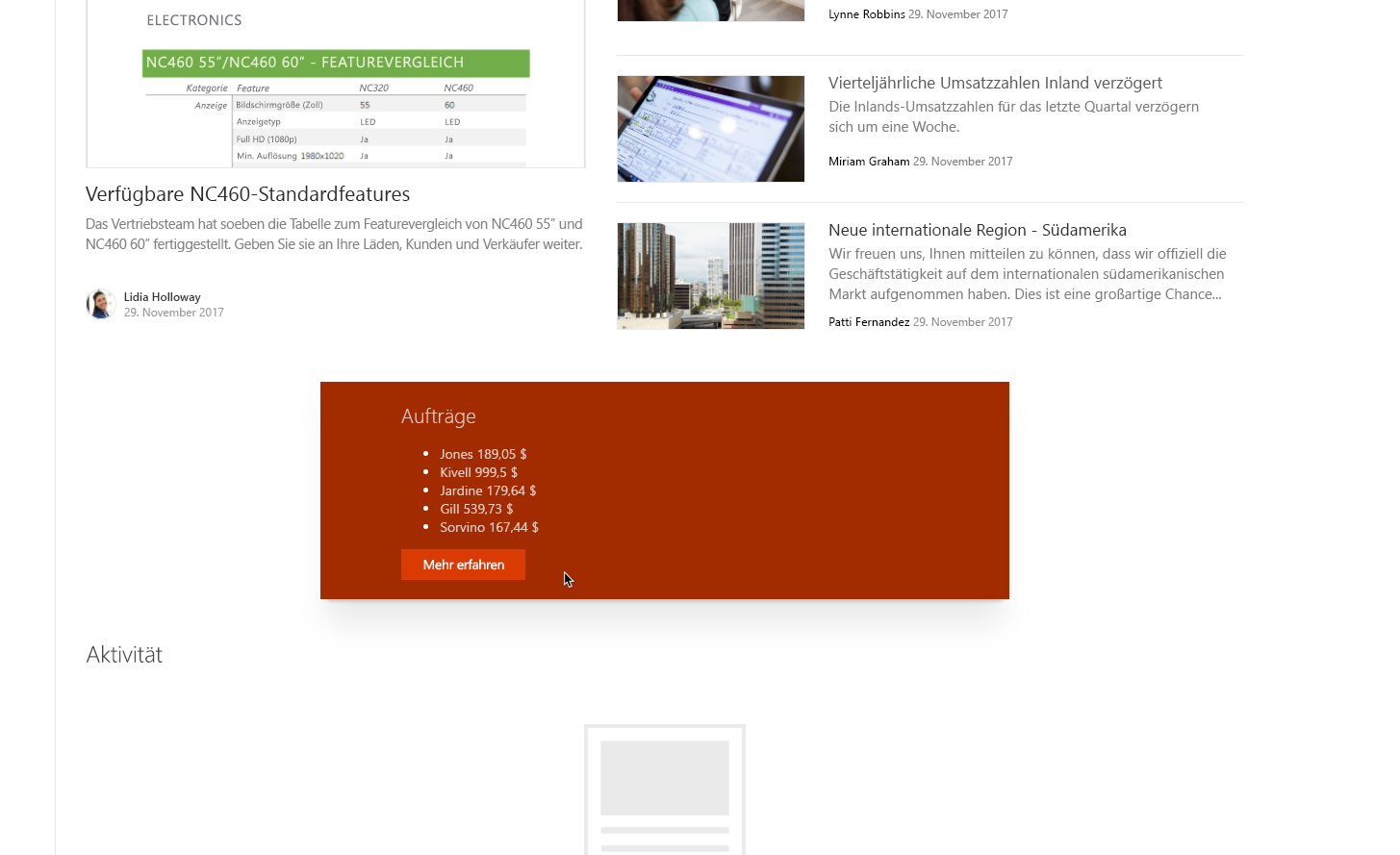 Liste der letzten Aufträge, abgerufen von einer Unternehmens-API auf einer SharePoint-Seite