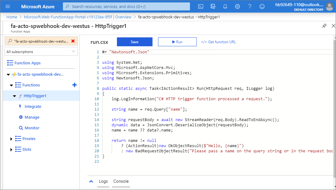 Entwicklungsumgebungsseite mit C#-Standardcode