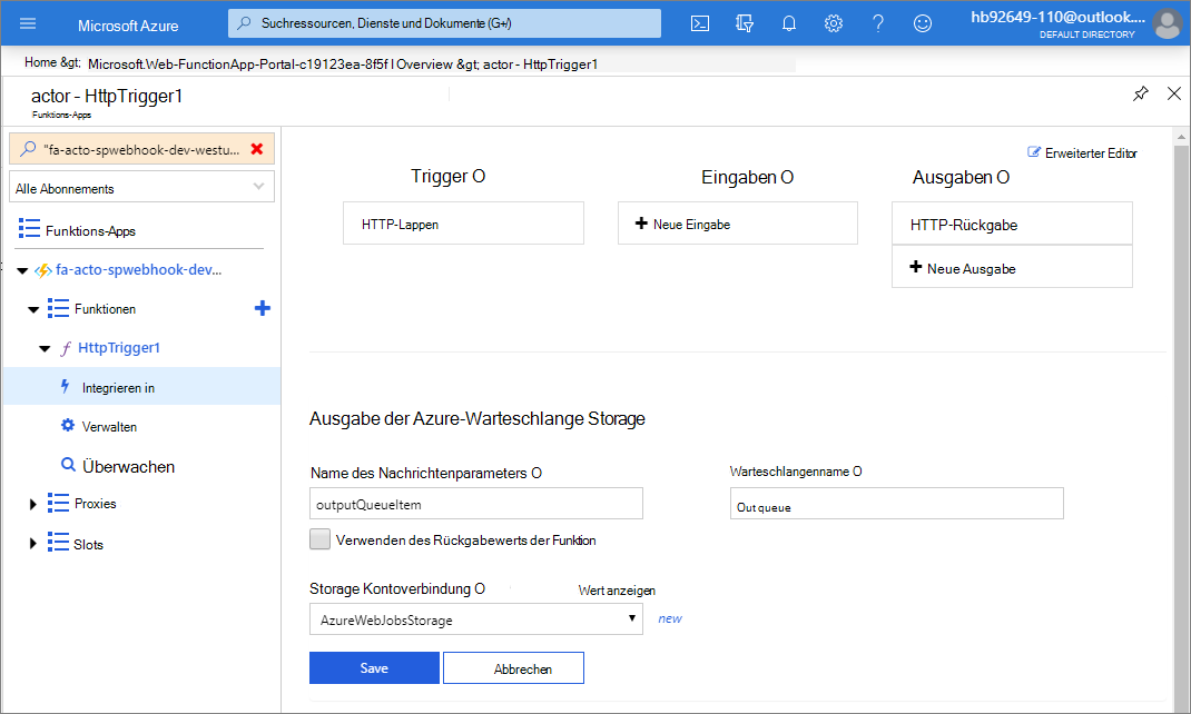 Azure Queue Storage-Einstellungen für Azure-Funktion