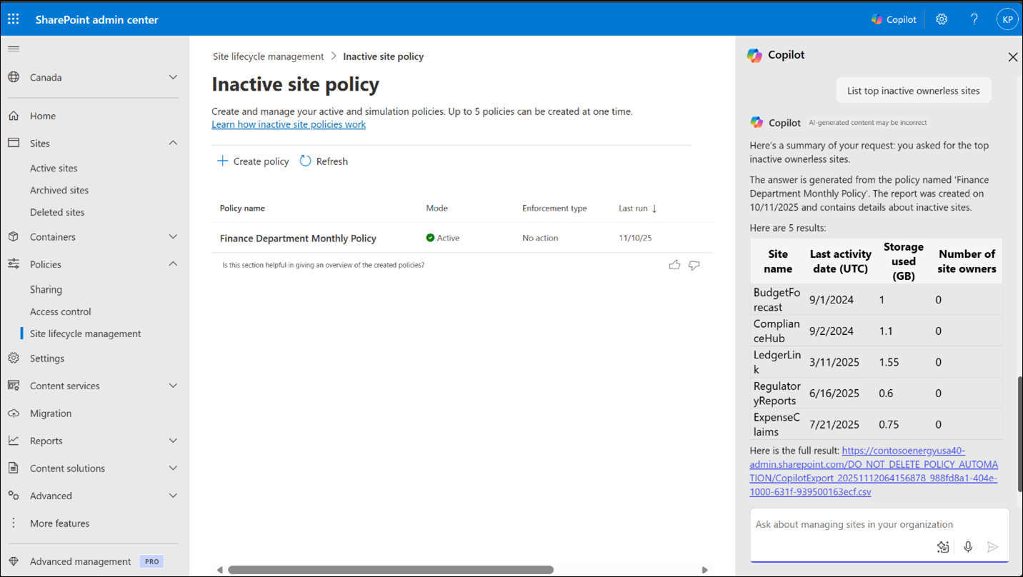 Der SharePoint-Administrator-Agent analysiert den Websitelebenszyklus und stellt eine Liste der wichtigsten inaktiven besitzerlosen Websites bereit.