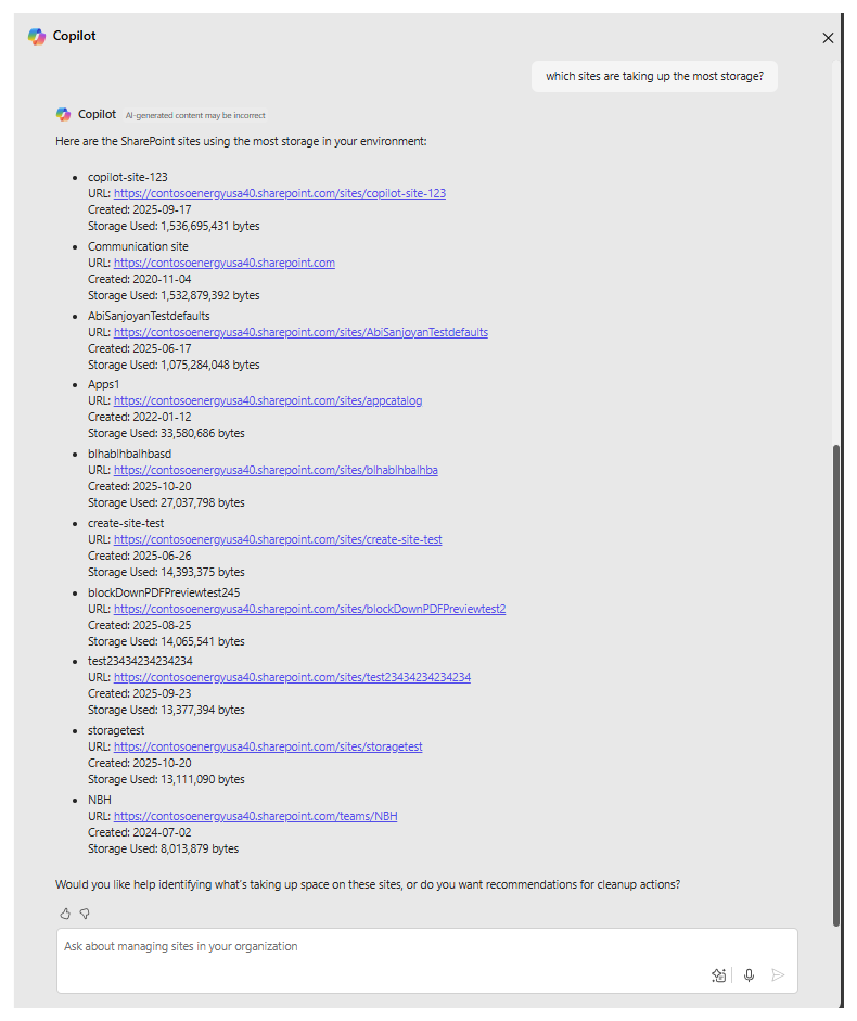 Der SharePoint-Administrator-Agent analysiert die SharePoint-Speichernutzung und bietet eine Zusammenfassung der Websites mit dem höchsten Speicherverbrauch.