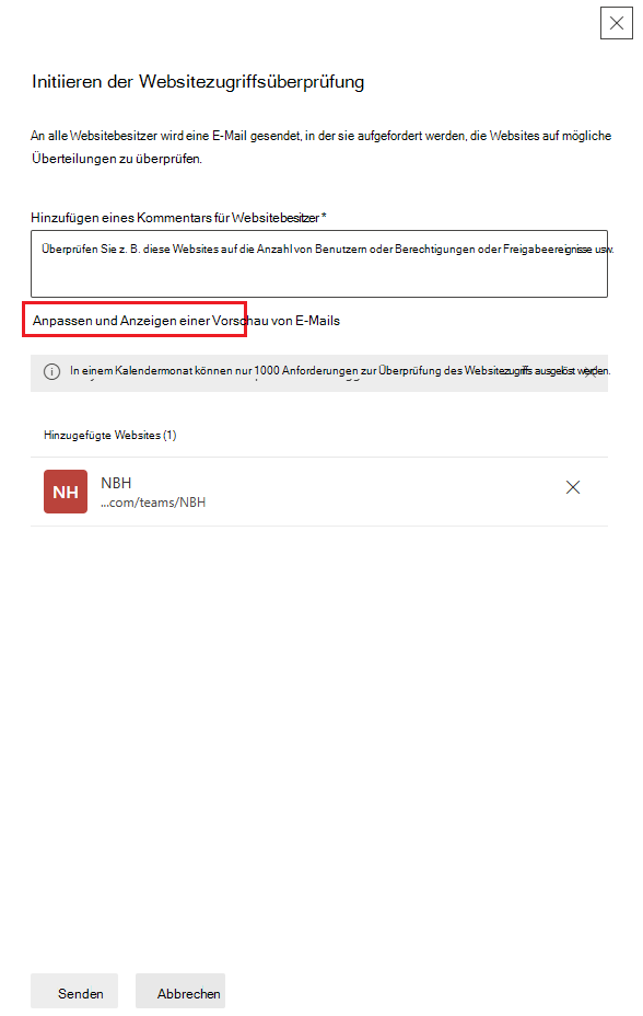 Anpassen der E-Mail, die an Websitebesitzer gesendet werden soll
