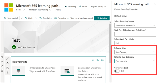 Abbildung der Filter für die Wiedergabeliste der SharePoint-Erfolgswebsite