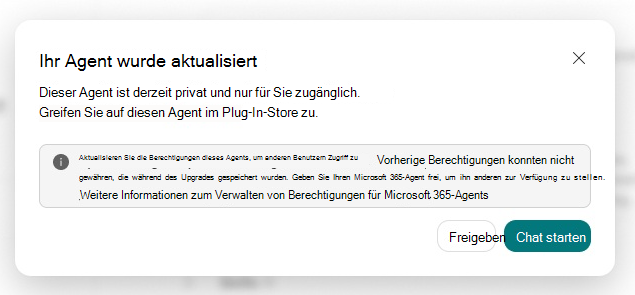 Screenshot der Bestätigung des aktualisierten Agents für einen privaten Agent mit den Optionen 