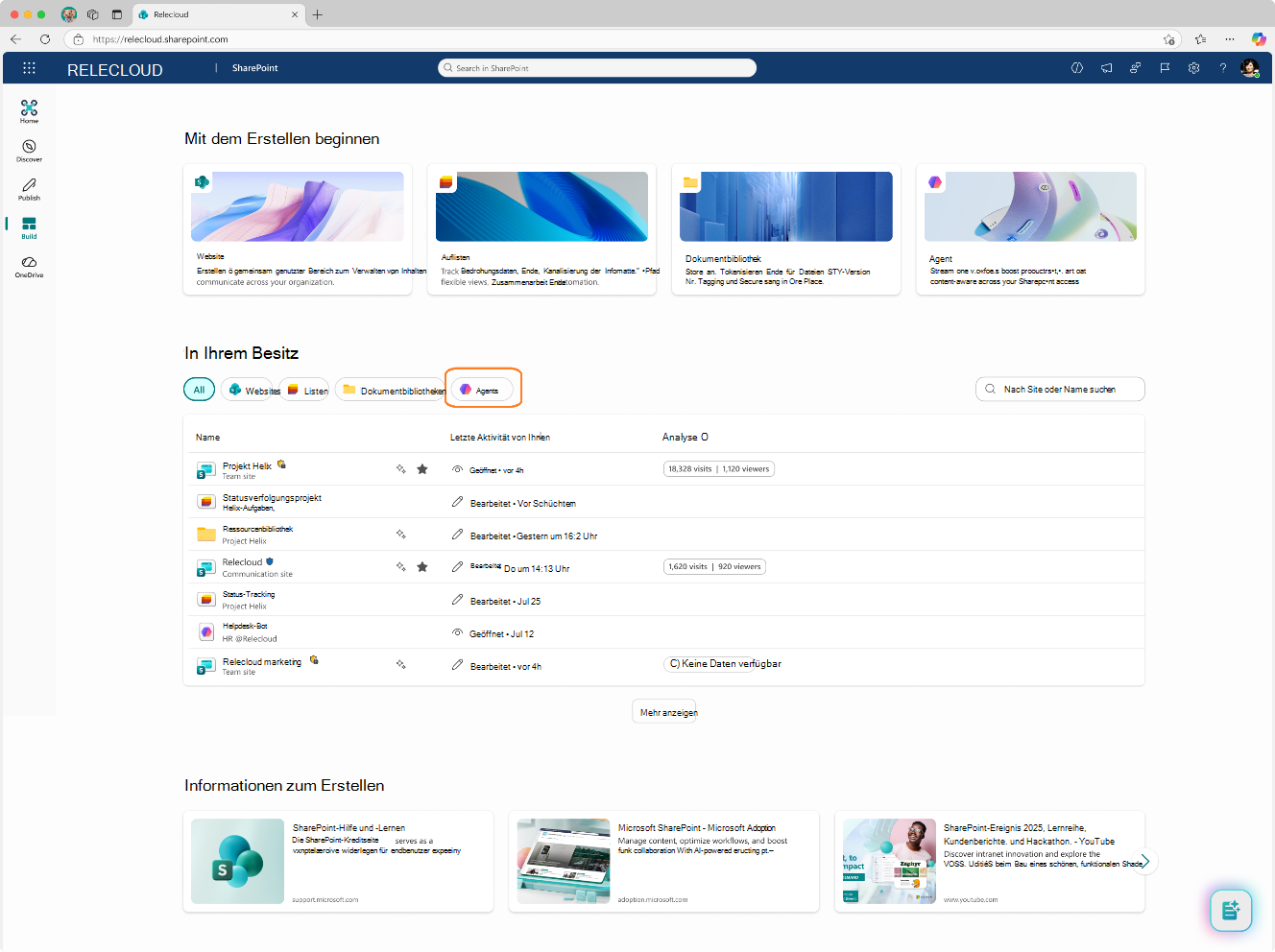 Screenshot der Agents, die Sie besitzen, dargestellt in Build in SharePoint.