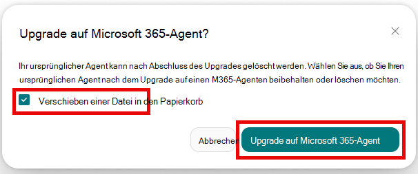 Screenshot von SharePoint Builder mit dem Bestätigungsdialogfeld für das Upgrade mit ausgewählter Option zum Verschieben der Datei in den Papierkorb.