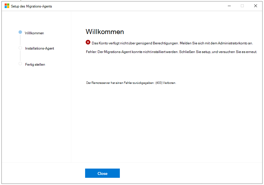 Screenshot: Fehler bei der Installation des Migrations-Manager-Agents.