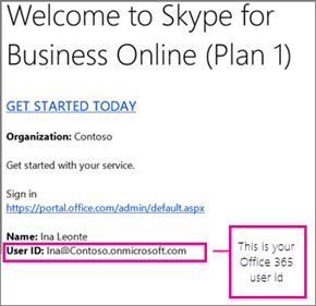 Ein Beispiel für die Willkommens-E-Mail, die Sie erhalten haben, nachdem Sie sich für Skype for Business Online registriert haben. Sie enthält Ihre Microsoft 365- oder Office 365-Benutzer-ID.
