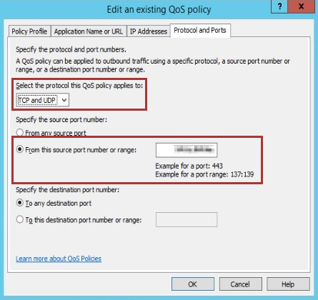 Screenshot, der die Option Von diesem Quellport oder -bereich aus auf der Registerkarte Protokoll und Ports im Fenster Bearbeiten einer vorhandenen Q o S-Richtlinie ausgewählt ist.