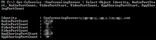 Screenshot: CMD-Bildschirm mit Get-CsService Befehl und dem Ergebnis des Portbereichs