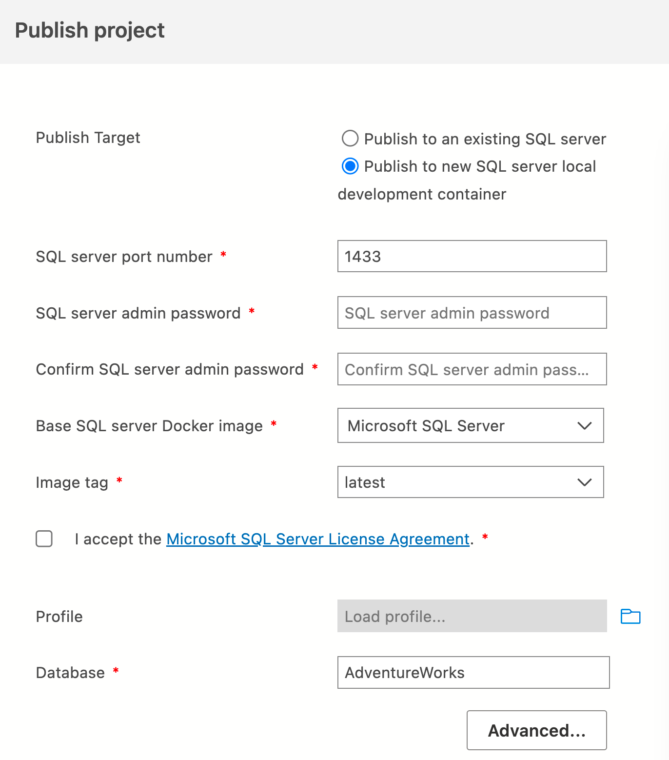 Screenshot of publish to container dialog in Azure Data Studio.