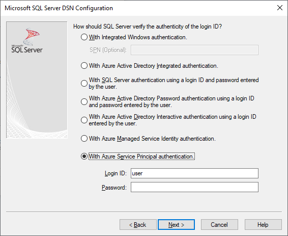 Der Bildschirm zum Erstellen und Bearbeiten von DSNs mit ausgewählter Microsoft Entra-Authentifizierung mit Dienstprinzipal.