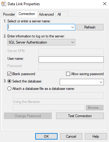Screenshot der OLE DB-Seiten für Datenverbindungen – Registerkarte „Verbindung“